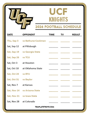 UCF Knights Football 2026
 Printable Schedule - Style 3