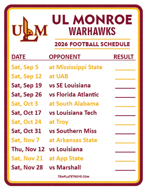 UL Monroe Warhawks Football 2026
 Printable Schedule  - Style 2