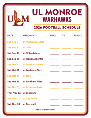 UL Monroe Warhawks Football 2026
 Printable Schedule - Style 3