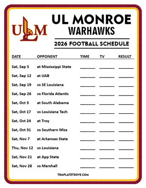 UL Monroe Warhawks Football 2026
 Printable Schedule - Style 4