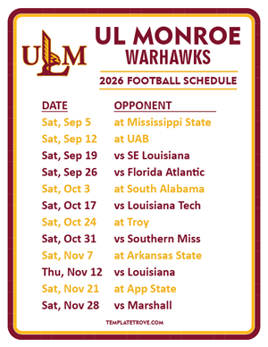 UL Monroe Warhawks Football 2026
 Printable Schedule