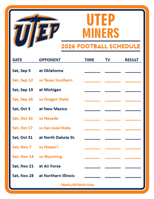 UTEP Miners Football 2026
 Printable Schedule - Style 3