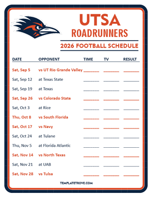 UTSA Roadrunners

 Football 2026
 Printable Schedule - Style 3