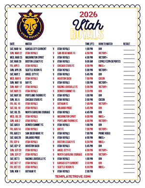 Utah Royals 2026
 Printable Soccer Schedule - Pacific Times