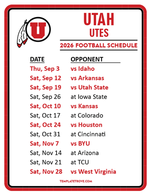 Utah Utes Football 2026
 Printable Schedule