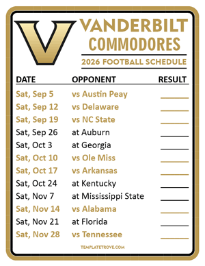 Vanderbilt Commodores Football 2026
 Printable Schedule  - Style 2