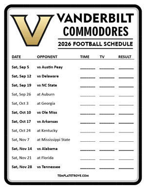 Vanderbilt Commodores Football 2026
 Printable Schedule - Style 4