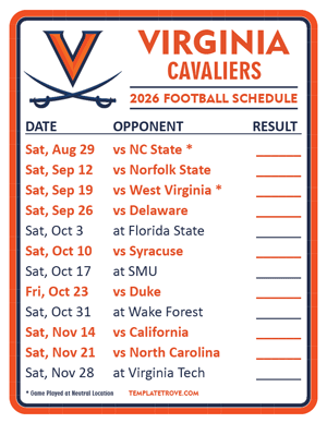 Virginia Cavaliers Football 2026
 Printable Schedule  - Style 2