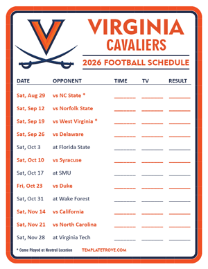 Virginia Cavaliers Football 2026
 Printable Schedule - Style 3