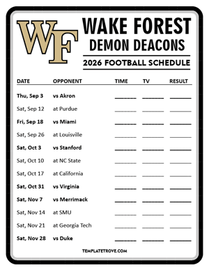 Wake Forest Demon Deacons Football 2026
 Printable Schedule - Style 4