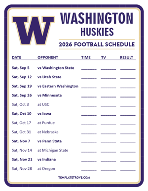 Washington Huskies Football 2026
 Printable Schedule - Style 3
