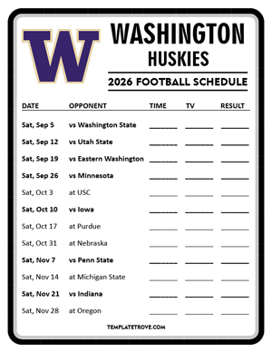 Washington Huskies Football 2026
 Printable Schedule - Style 4
