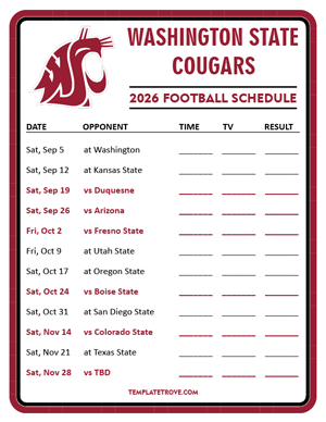 Washington State Cougars Football 2026
 Printable Schedule - Style 3