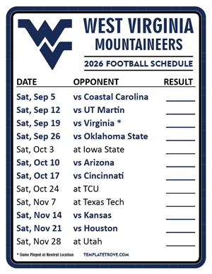 West Virginia Mountaineers Football 2026
 Printable Schedule  - Style 2