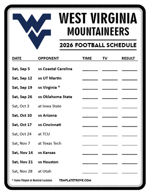 West Virginia Mountaineers Football 2026
 Printable Schedule - Style 4
