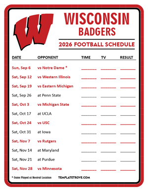 Wisconsin Badgers Football 2026
 Printable Schedule - Style 3