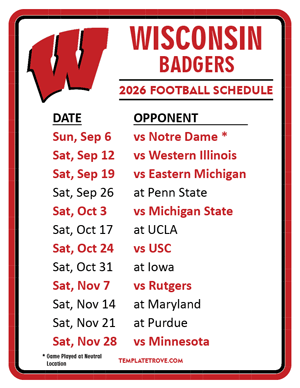 Wisconsin Badgers Football 2026
 Printable Schedule