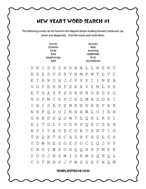 Printable New Year's Word Search Puzzle #1