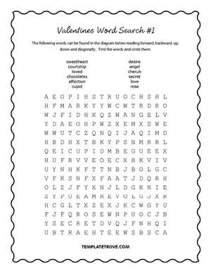 Printable Valentines Word Search Puzzle #1
