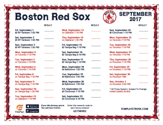 September 2017 Boston Red Sox Printable Schedule