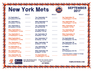 September 2017 New York Mets Printable Schedule