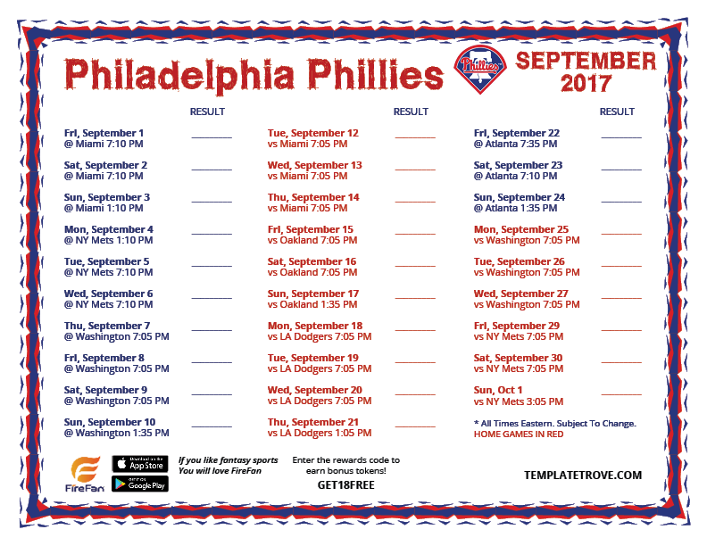 Printable 2017 Philadelphia Phillies Schedule