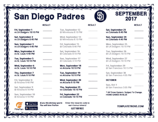 September 2017 San Diego Padres Printable Schedule