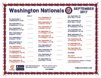September 2017 Washington Nationals Printable Schedule