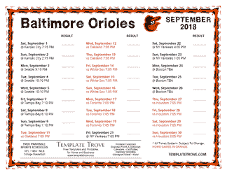 September 2018 Baltimore Orioles Printable Schedule