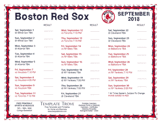 September 2018 Boston Red Sox Printable Schedule