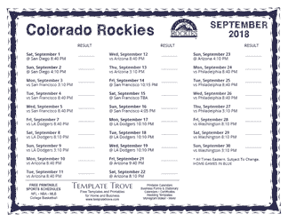 September 2018 Colorado Rockies Printable Schedule