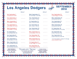 September 2018 Los Angeles Dodgers Printable Schedule