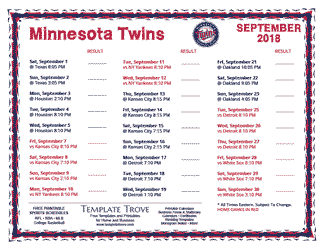 September 2018 Minnesota Twins Printable Schedule