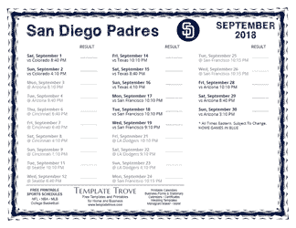 September 2018 San Diego Padres Printable Schedule