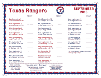 September 2018 Rangers Schedule