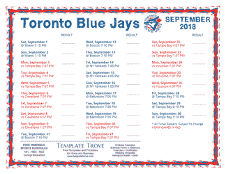 September 2018 Toronto Blue Jays Printable Schedule