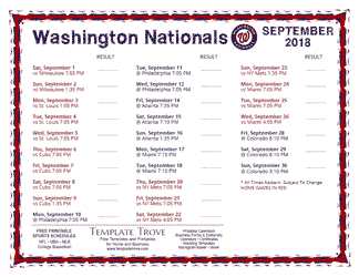 September 2018 Washington Nationals Printable Schedule