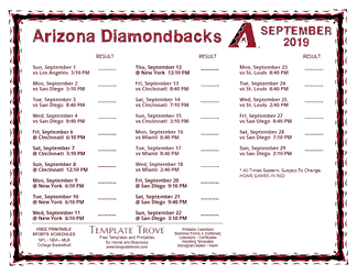 September 2019 Arizona Diamondbacks Printable Schedule