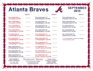 September 2019 Atlanta Braves Printable Schedule