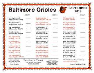 September 2019 Baltimore Orioles Printable Schedule