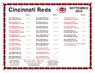 September 2019 Cincinnati Reds Printable Schedule