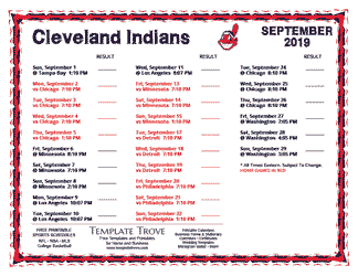 September 2019 Cleveland Indians Printable Schedule