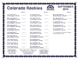September 2019 Colorado Rockies Printable Schedule