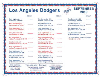 September 2019 Los Angeles Dodgers Printable Schedule