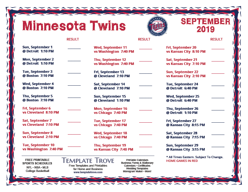 Printable 2019 Minnesota Twins Schedule