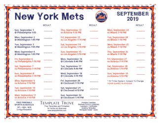 September 2019 New York Mets Printable Schedule