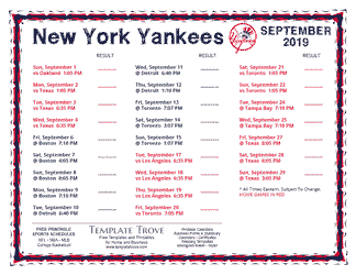 September 2019 New York Yankees Printable Schedule