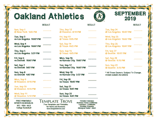 September 2019 Oakland Athletics Printable Schedule