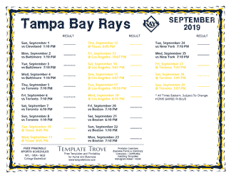 September 2019 Tampa Bay Rays Printable Schedule