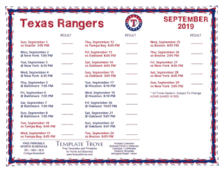 September 2019 Rangers Schedule